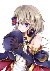 Rule 34 | 1girl, azur lane, bare shoulders, beret, black bodysuit, black gloves, blue bow, blue capelet, blue eyes, blue hat, blue sleeves, blush, bodysuit, bodysuit under clothes, bow, breasts, cable, capelet, collared shirt, commentary, cross, detached sleeves, gloves, hair between eyes, hair bow, hair ornament, hat, hat bow, headphones, headphones around neck, highres, iron cross, light brown hair, looking at viewer, medium breasts, minase tamaki, retrofit (azur lane), shirt, short hair, sideboob, sidelocks, simple background, sleeveless, smile, solo, striped, striped bow, unworn headwear, upper body, white background, yellow bow, z23 (azur lane)