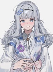 Rule 34 | 1girl, :d, aogisa, bell sleeves, blouse, blue eyes, blue flower, blunt bangs, blush, bow, collared shirt, floral print, flower, frilled sleeves, frills, grey hair, hair flower, hair intakes, hair ornament, hairband, highres, japanese clothes, kimono, looking at viewer, low twintails, neck ribbon, nemophila (flower), open mouth, original, pink bow, purple flower, ribbon, shirt, simple background, sleeveless, sleeveless kimono, smile, solo, straight-on, twintails, upper body, waist bow, white background, white kimono, white ribbon, white shirt