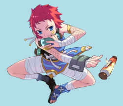 Rule 34 | 1girl, bandages, blue eyes, fishnets, jumping, original, red hair, rumie, sandals, scroll, short hair, solo, tomboy