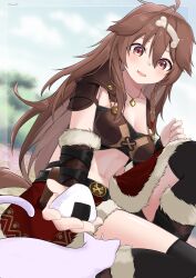Rule 34 | 1girl, absurdres, ahoge, animal ears, animalization, armor, belt, bikini armor, black thighhighs, blush, bone hair ornament, boots, bracer, breasts, brown hair, cat, commentary, dog ears, dog girl, dog tail, dutch angle, food, fur-trimmed boots, fur-trimmed bracer, fur skirt, fur trim, hair between eyes, hair ornament, hairclip, highres, hololive, incoming food, inugami korone, inugami korone (viking), jewelry, kanadeho, leather armor, long hair, looking at viewer, medium breasts, messy hair, necklace, nekomata okayu (cat), official alternate costume, official alternate hairstyle, onigiri, pauldrons, reaching, reaching towards viewer, red skirt, shoulder armor, single pauldron, sitting, skirt, solo, tail, thighhighs, virtual youtuber