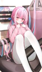 Rule 34 | 1girl, absurdres, ahoge, blue hair, blue ribbon, blurry, blurry background, blush, chair, closed mouth, daran9, dyed ahoge, gaming chair, hair flowing over, hair ribbon, highres, hololive, jacket, knees up, legs, light blue hair, long hair, long sleeves, looking at viewer, minato aqua, multicolored hair, pantyhose, pink eyes, pink hair, pink jacket, ribbon, sitting, sleeves past wrists, solo, streaked hair, swivel chair, track jacket, twintails, two-tone hair, very long hair, virtual youtuber, white pantyhose