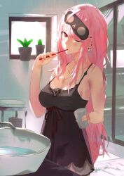 Rule 34 | 1girl, absurdres, bathroom, black nightgown, blush, breasts, brushing teeth, cup, earrings, highres, holding, holding cup, holding toothbrush, hololive, hololive english, indoors, jewelry, large breasts, long hair, looking at viewer, lupo (lupoyorosiku), mask, mask on head, messy hair, mori calliope, mori calliope (sleepwear), nightgown, one eye closed, pink hair, plant, potted plant, red eyes, single earring, sink, skull earrings, sleep mask, solo, toothbrush, virtual youtuber, water
