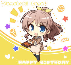 Rule 34 | 1girl, :d, apron, bang dream!, beige apron, black socks, blue eyes, blush stickers, bread, brown dress, brown footwear, brown hair, character name, chocolate cornet, collarbone, commentary request, dress, food, full body, hair ribbon, hanasakigawa school uniform, happy birthday, highres, holding, holding tray, kneehighs, loaf of bread, long hair, long sleeves, looking at viewer, neck ribbon, notice lines, open mouth, ponytail, red ribbon, ribbon, sailor collar, sailor dress, school uniform, shoes, sidelocks, smile, socks, solo, standing, star (symbol), teen (teen629), thighhighs, tray, two-tone background, white background, white sailor collar, yamabuki saya, yellow background, yellow ribbon, zettai ryouiki