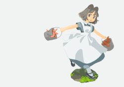 Rule 34 | 1girl, akai sashimi, animal ears, apron, backlighting, black footwear, blending, blue dress, brown hair, bucket, collared dress, dress, eyebrows, floating hair, from side, full body, grey background, grey hair, holding, holding bucket, leg lift, looking at viewer, looking to the side, maid, maid apron, mary janes, negative space, no lineart, open mouth, original, outstretched arms, shoes, short hair, short sleeves, simple background, solo, tareme, tentacles, walking, white apron, white legwear