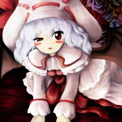 Rule 34 | 1girl, bad id, bad pixiv id, blush stickers, bracelet, capelet, curiosities of lotus asia, dress, female focus, flower, hat, hat ribbon, jewelry, official style, open mouth, parody, red eyes, remilia scarlet, ribbon, silver hair, solo, style parody, tntn, touhou, vampire, white dress, zun (style)