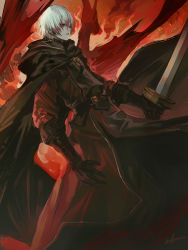 Rule 34 | 1boy, belt, black cloak, black gloves, cloak, ezel the king of fire and iron, fire, flag, gloves, highres, holding, holding sword, holding weapon, hood, hood down, infukun, looking to the side, male focus, outdoors, pixiv fantasia, pixiv fantasia last saga, red eyes, red hair, red sky, sky, solo, sword, weapon, white hair