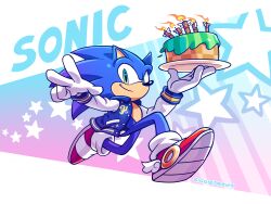 1boy absurdres animal_ears artist_name blue_fur blue_jacket cake food furry furry_male gloves green_eyes highres holding holding_plate jacket letterman_jacket looking_at_viewer open_clothes open_jacket plate red_shoes shoes siggiedraws solo sonic_(series) sonic_the_hedgehog white_gloves white_sleeves