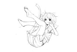 Rule 34 | 1girl, animal ears, barefoot, fang, greyscale, monochrome, open mouth, original, pleated skirt, pump (pumpqmuq), simple background, sketch, skirt, solo, tail, white background