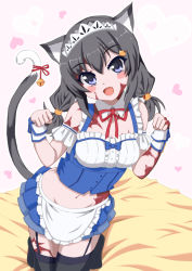 Rule 34 | 1girl, :d, alternate costume, animal ears, apron, bare shoulders, bell, black hair, black thighhighs, blush, blush stickers, bow, burn scar, cat ears, cat hair ornament, cat tail, detached collar, dorei to no seikatsu ~teaching feeling~, enmaided, fang, garter straps, hair ornament, head tilt, heart, kemonomimi mode, kneeling, long hair, looking at viewer, low twintails, maid, maid headdress, midriff, navel, no shoes, open mouth, paw pose, purple eyes, scar, skirt, smile, solo, sylvie (dorei to no seikatsu), tail, tail bell, tail ornament, takahiko, thighhighs, twintails, waist apron, wrist cuffs