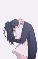 Rule 34 | 1boy, 1girl, hug, arms around neck, black hair, blue hair, blue shirt, bottomless, check copyright, closed eyes, copyright request, couple, facing down, from side, grey background, height difference, hetero, highres, hug, korean commentary, leeown, long hair, long sleeves, original, shirt, simple background, white shirt