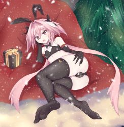 Rule 34 | 1boy, animal ears, ass, ass grab, astolfo (fate), astolfo (saber) (fate), blush, bow, bulge, christmas present, christmas tree, deep skin, detached sleeves, elbow gloves, fake animal ears, fate/grand order, fate (series), gift, gloves, hair bow, highres, leotard, long hair, looking at viewer, low twintails, lying, on side, open mouth, panties, pink hair, playboy bunny, purple eyes, rabbit ears, shiny clothes, shiny skin, snow, solo, thighhighs, trap, tree, twintails, underwear, very long hair, yl