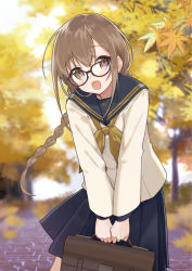 Rule 34 | 1girl, :d, autumn leaves, black-framed eyewear, black sailor collar, black skirt, blouse, blurry, blurry background, blush, braid, braided ponytail, briefcase, brown eyes, brown hair, brown neckerchief, commentary request, day, depth of field, glasses, holding, long hair, long sleeves, looking at viewer, miyoshino, neckerchief, open mouth, original, outdoors, pleated skirt, sailor collar, school briefcase, school uniform, serafuku, shirt, single braid, skirt, smile, solo, tree, v arms, very long hair, white shirt