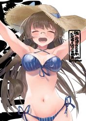 Rule 34 | 1girl, bikini, black hair, blue bikini, blush, breasts, character name, choukai (kancolle), cowboy shot, closed eyes, glasses, groin, hat, kantai collection, large breasts, long hair, n:go, navel, open mouth, rimless eyewear, simple background, smile, solo, sun hat, swimsuit, twitter username, white background