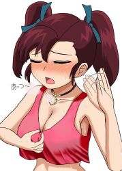 Rule 34 | 1girl, bakusou kyoudai let&#039;s &amp; go!!, bakusou kyoudai let&#039;s &amp; go!! max, blush, breasts, brown hair, closed eyes, highres, jewelry, large breasts, oogami marina, open mouth, pendant, sweat, tank top, twintails