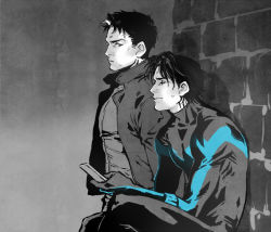 Rule 34 | 2boys, batman (series), bodysuit, brothers, dc comics, dick grayson, family, gloves, jacket, jason todd, leather, leather jacket, male focus, multicolored hair, multiple boys, nightwing, phone, red hood (dc), siblings, spot color, two-tone hair