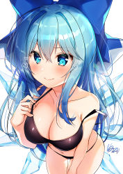 Rule 34 | 1girl, absurdres, aged up, alternate breast size, alternate hair length, alternate hairstyle, bare arms, bare shoulders, bikini, black bikini, blue bow, blue eyes, blue hair, blush, bow, breasts, cirno, collarbone, commentary request, cowboy shot, foreshortening, hair between eyes, hair bow, hair intakes, hand up, highres, ice, ice wings, large breasts, leaning forward, long hair, looking at viewer, navel, nenobi (nenorium), partial commentary, pulled by self, sidelocks, signature, simple background, smile, solo, standing, stomach, strap pull, strap slip, swimsuit, thighs, touhou, translated, white background, wings