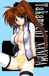 Rule 34 | 00s, 1girl, blue eyes, breasts, brown hair, character name, cleavage, hagane soushi, lyrical nanoha, mahou shoujo lyrical nanoha, mahou shoujo lyrical nanoha strikers, panties, ponytail, side ponytail, solo, takamachi nanoha, thighhighs, underwear