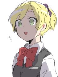 Rule 34 | 10s, 1girl, :d, black vest, blonde hair, bow, bowtie, collared shirt, empty eyes, green eyes, grey eyes, hair ornament, highres, kantai collection, maikaze (kancolle), open mouth, parted bangs, ponytail, red bow, red bowtie, school uniform, shaded face, shirt, short hair, short ponytail, simple background, smile, solo, takeshima eku, upper body, vest, white background, white shirt, wing collar