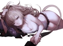 Rule 34 | 1girl, absurdres, animal ears, arknights, bare arms, bare shoulders, black nails, black shorts, breasts, cleavage, commentary, cowboy shot, cutoffs, grey eyes, hand on own head, has bad revision, has downscaled revision, highres, large breasts, lion ears, lion tail, long hair, looking at viewer, lying, md5 mismatch, micro shorts, midriff peek, mmmegh, nail polish, on side, pov, resolution mismatch, shorts, siege (arknights), silver hair, simple background, solo focus, source smaller, tail, tank top, thighs, transparent background, white background, white tank top