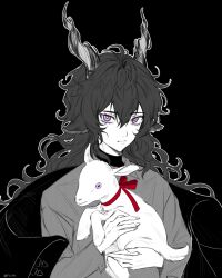 Rule 34 | 1boy, animal, arknights, black background, closed mouth, collared shirt, ebenholz (arknights), goat, hair between eyes, holding, holding animal, horns, long hair, long sleeves, looking at viewer, male focus, monochrome, outline, purple eyes, rio (rio773), shirt, simple background, solo, spot color, upper body, white outline