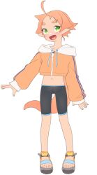 Rule 34 | 1girl, :d, ahoge, bike shorts, black shorts, blush, commentary request, fang, forehead, green eyes, grey footwear, hood, hood down, hooded jacket, jacket, linea-chan (owasaki), long sleeves, looking at viewer, navel, open mouth, orange hair, orange jacket, original, owasaki, parted bangs, pointy ears, puffy long sleeves, puffy sleeves, sandals, short eyebrows, shorts, simple background, sleeves past wrists, smile, solo, standing, tail, thick eyebrows, white background