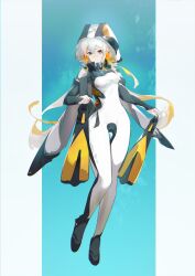 Rule 34 | 1girl, absurdres, black sleeves, blue background, breasts, closed mouth, colored inner hair, diving suit, flippers, floating, full body, highres, holding, holding flippers, hood, hood up, karasu-, long hair, looking at viewer, multicolored hair, orange eyes, orange hair, original, outside border, pillarboxed, small breasts, solo, two-tone hair, white hair