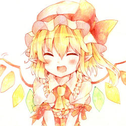 Rule 34 | 1girl, abandon ranka, ascot, bad id, bad pixiv id, ballpoint pen (medium), blonde hair, blush, colored pencil (medium), dress, closed eyes, fang, female focus, flandre scarlet, hat, hat ribbon, open mouth, pointy ears, puffy sleeves, red dress, ribbon, shirt, short sleeves, side ponytail, smile, solo, touhou, traditional media, wings