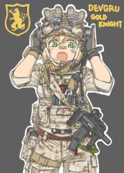 Rule 34 | 1girl, bandaid, bandaid on face, bandaid on nose, blonde hair, breasts, buckle, camouflage, cowboy shot, desert camouflage, gloves, goggles, green eyes, gun, h&amp;k mp7, hands on headwear, headset, heckler &amp; koch, load bearing vest, machine pistol, md5 mismatch, military, military uniform, night-vision device, open mouth, operator-chan, original, personal defense weapon, scarf, shino (r shughart), simple background, sleeves rolled up, snap-fit buckle, solo, submachine gun, suppressor, uniform, united states, watch, weapon, wide field of view device
