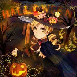 Rule 34 | 10s, 1girl, alternate costume, bad id, bad pixiv id, blonde hair, candy, cape, chocolate, drill hair, elbow gloves, fingerless gloves, food, food-themed hair ornament, gloves, hair ornament, halloween, hat, jack-o&#039;-lantern, mahou shoujo madoka magica, mahou shoujo madoka magica (anime), pumpkin, pumpkin hair ornament, ribbon, smile, solo, tomoe mami, tomoyami, twin drills, twintails, witch hat, yellow eyes
