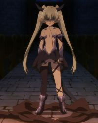 Rule 34 | 10s, 1girl, angry, ankle boots, black thighhighs, boots, cuts, flat chest, grey hair, highres, horns, injury, isekai maou to shoukan shoujo no dorei majutsu, kaneko shizue, krebskulm, long hair, navel, parted lips, pointy ears, purple eyes, scar, screencap, solo, stitched, thighhighs, third-party edit, twintails, very long hair
