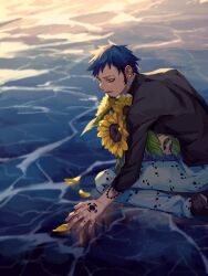 Rule 34 | 1boy, bags under eyes, black shirt, blue hair, demorzel, denim, earrings, facial hair, flower, hand tattoo, holding, holding flower, jeans, jewelry, male focus, one piece, outdoors, pants, parted lips, picking up, shallow water, shirt, sitting, sitting on water, smile, solo, sunflower, sunflower petals, tattoo, trafalgar law, water, yellow eyes
