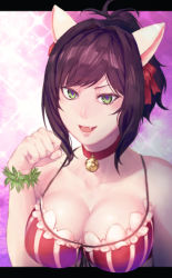 Rule 34 | 10s, 1girl, animal ears, bad id, bad pixiv id, bare shoulders, bell, breasts, brown hair, cat ears, choker, cleavage, fang, green eyes, hair ribbon, highres, idolmaster, idolmaster cinderella girls, jingle bell, looking at viewer, maekawa miku, mstm, open mouth, paw pose, ponytail, ribbon, smile, solo, upper body