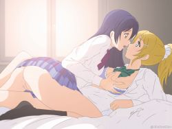 Rule 34 | 2girls, absurdres, alter real zero, artist name, artist request, ayase eli, bare legs, bed, black socks, blonde hair, blue eyes, blue hair, blue skirt, blush, bow, bowtie, bra, breasts, brown eyes, censored, checkered clothes, checkered skirt, collared shirt, face-to-face, female focus, green bow, hair between eyes, hair ornament, hair scrunchie, hairclip, hand on breast, highres, indoors, knee up, long hair, looking at viewer, love live!, love live! school idol project, miniskirt, multiple girls, bowtie, nipples, no shoes, on bed, open clothes, open shirt, otonokizaka school uniform, parted lips, plaid, plaid skirt, pleated, pleated skirt, purple bra, pussy, red bow, school uniform, scrunchie, shirt, short sleeves, skirt, small breasts, smile, socks, solo, sonoda umi, striped, striped bow, underwear, white scrunchie, white shirt, window, wing collar, yellow eyes, yuri