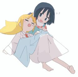 Rule 34 | 2girls, :d, barefoot, black hair, blonde hair, blue eyes, blush, closed eyes, collared shirt, commentary request, covering with blanket, flying sweatdrops, full body, lab coat, long hair, long sleeves, looking at another, lying, multiple girls, naka (buttergirl 02), necktie, nichijou, nose bubble, on back, open mouth, orange necktie, professor shinonome, shinonome nano, shirt, short hair, simple background, sleeping, smile, white background, white shirt, winding key