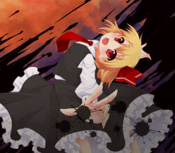 Rule 34 | 1girl, blonde hair, dress shirt, embodiment of scarlet devil, fang, fangs, female focus, hair ribbon, highres, necktie, open mouth, red eyes, red necktie, ribbon, rumia, shirt, short hair, skirt, solo, touhou, vest, yami nabe