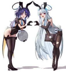 Rule 34 | 2girls, absurdres, animal ears, black gloves, black leotard, blue archive, blue eyes, blush, breasts, cleavage, collarbone, detached sleeves, elbow gloves, fake animal ears, fake tail, fishnet thighhighs, fishnets, gloves, halo, headgear, high heels, highres, josal, large breasts, leotard, long hair, looking at viewer, multiple girls, noa (blue archive), open mouth, pantyhose, playboy bunny, purple eyes, purple hair, rabbit ears, rabbit tail, simple background, tail, thighhighs, torn clothes, torn pantyhose, twintails, very long hair, white background, white hair, white leotard, yuuka (blue archive)
