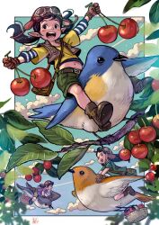 Rule 34 | 3girls, aviator cap, basket, belt, bird, black hair, blue sky, blush stickers, boots, border, branch, cherry, child, cloud, commentary, flying, food, fruit, gloves, goggles, goggles on headwear, green shorts, highres, holding, holding food, holding fruit, layered sleeves, long hair, long sleeves, mini person, minigirl, multiple girls, nanami tomorou, navel, open mouth, original, outside border, pointy ears, riding, riding animal, round teeth, short over long sleeves, short sleeves, shorts, sky, sparrow, striped sleeves, symbol-only commentary, teeth, twintails, vest, white border