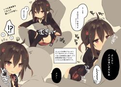 Rule 34 | !?, 1girl, 1other, ?, ??, ^^^, bikini, bikini under clothes, black bikini, black jacket, black thighhighs, blush, brown background, brown hair, fang, hair between eyes, hair ornament, highres, hood, hood down, hooded jacket, jacket, long sleeves, meme (mimo lm), mimo lm, open mouth, original, parted lips, pointy ears, rabbit hair ornament, red eyes, simple background, sleeves past wrists, spoken interrobang, squiggle, sweat, swimsuit, thighhighs, translation request