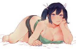 Rule 34 | 1girl, alternate costume, barefoot, blue eyes, blue hair, blue nails, blush, breasts, cleavage, collarbone, green tank top, hair ribbon, kantai collection, large breasts, looking at viewer, lying, medium hair, nail polish, on stomach, revision, ribbon, short shorts, shorts, simple background, solo, souryuu (kancolle), tank top, twintails, uyama hajime, white background, white ribbon