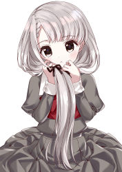Rule 34 | 1girl, :o, absurdres, black ribbon, blush, bow, braid, braided bangs, brown eyes, commentary request, grey hair, grey jacket, grey skirt, hair over shoulder, hair ribbon, hands up, highres, hisakawa nagi, holding, holding own hair, idolmaster, idolmaster cinderella girls, jacket, juliet sleeves, long sleeves, looking at viewer, low twintails, parted lips, pleated skirt, puffy sleeves, red bow, ribbon, simple background, skirt, solo, twintails, white background, yata (yatao zzz)