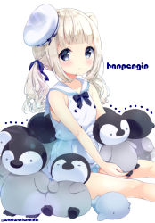 Rule 34 | 1girl, absurdres, animal ears, beret, black bow, black ribbon, blush, bow, braid, commentary request, dress, feet out of frame, ferret ears, grey eyes, grey hair, hair ribbon, hat, highres, holding, holding stuffed toy, long hair, low twintails, neki (wakiko), original, ribbon, sailor collar, sailor dress, simple background, sitting, sleeveless, sleeveless dress, solo, stuffed animal, stuffed penguin, stuffed toy, stuffed whale, tilted headwear, twintails, twitter username, white background, white dress, white hat, white sailor collar