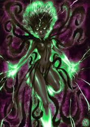 Rule 34 | 1girl, alternate form, alternate hair color, arms at sides, aura, black sclera, breasts, collarbone, colored sclera, dark-skinned female, dark aura, dark skin, female focus, floating hair, glowing, glowing eyes, glowing hair, glowing hands, highres, legs, monster, monster girl, monsterification, navel, one-punch man, simple background, small breasts, smile, solo, tatsumaki, telekinesis, tentacles, the golden smurf, thick thighs, thighs, wide hips