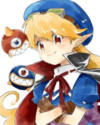 Rule 34 | 1girl, blonde hair, blue hat, bow, breasts, cape, commentary request, curly hair, dress, fang, gloves, goggles, goggles on head, hat, highres, long hair, marivel armitage, pointy ears, red eyes, ribbon, smile, vampire, wild arms, wild arms 2