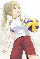 Rule 34 | 1girl, :d, ball, blush, breasts, commentary request, fang, fingernails, gradient background, green eyes, green hair, grey background, gym shirt, gym shorts, gym uniform, hair bobbles, hair ornament, holding, holding ball, inuyama aoi, long hair, looking away, looking to the side, medium breasts, mikazuchi zeus, nose blush, open mouth, red shorts, shirt, short shorts, short sleeves, shorts, sidelocks, skin fang, smile, solo, thick eyebrows, volleyball (object), white background, white shirt, yurucamp