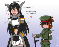 Rule 34 | 2girls, :d, admiral paru, angry, black hair, cape, elbow gloves, english text, gloves, hat, heart, inazuma (kancolle), kantai collection, long hair, long sleeves, military, military police, military uniform, multiple girls, nagato (kancolle), open mouth, peaked cap, plasma-chan (kancolle), pleated skirt, saliva, skirt, smile, uniform