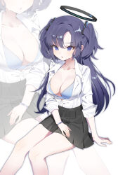 Rule 34 | 1girl, absurdres, black halo, black skirt, blue archive, blue bra, blue eyes, blush, bra, breasts, cleavage, collarbone, commentary, english commentary, halo, highres, large breasts, long hair, mechanical halo, open clothes, open shirt, purple hair, seizou hidzuke, shirt, sitting, skirt, smile, solo, sweatdrop, underwear, very long hair, white shirt, yuuka (blue archive)