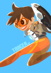 Rule 34 | 1girl, :d, ass, bodysuit, bomber jacket, breasts, brown eyes, brown hair, character name, chest harness, commentary, english commentary, gloves, goggles, gun, harness, highres, jacket, medium breasts, open mouth, orange bodysuit, orange goggles, overwatch, overwatch 2, short hair, smile, solo, spiked hair, tracer (overwatch), weapon, zettonamo888