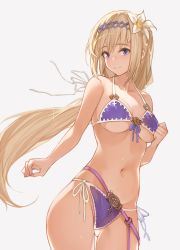 Rule 34 | 1girl, bare shoulders, bikini, blonde hair, blue eyes, breasts, collarbone, commentary request, flower, granblue fantasy, grey background, groin, hair flower, hair ornament, hana mori, highres, jeanne d&#039;arc (granblue fantasy), looking at viewer, mouth hold, navel, purple bikini, side-tie bikini bottom, simple background, solo, swimsuit