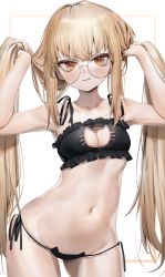 Rule 34 | 1girl, absurdres, armpits, arms up, bare arms, bare shoulders, black bra, black panties, blonde hair, bra, breasts, bunching hair, cat cutout, cat ear panties, cat lingerie, cleavage, cleavage cutout, clothing cutout, collarbone, contrapposto, cowboy shot, frilled bra, frills, frown, girls&#039; frontline, glasses, highres, long hair, looking at viewer, meme attire, navel, orange eyes, panties, poharo, rimless eyewear, round eyewear, side-tie panties, sidelocks, small breasts, solo, spaghetti strap, standing, stomach, string panties, twintails, type 80 (girls&#039; frontline), underwear, underwear only, very long hair, wavy mouth