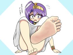 Rule 34 | 1girl, barefoot, blush, feet, highres, jashin-chan dropkick, long hair, looking at viewer, medusa (jashin-chan dropkick), open mouth, purple eyes, purple hair, soles, stag0324, toes, translated
